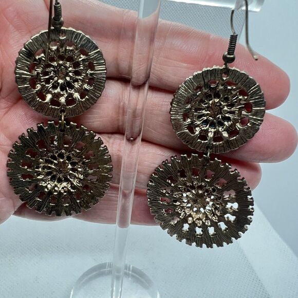 Antique Gold Tone Sunburst Dangle Earrings Faux Turquoise Stones Statement - Picture 4 of 4